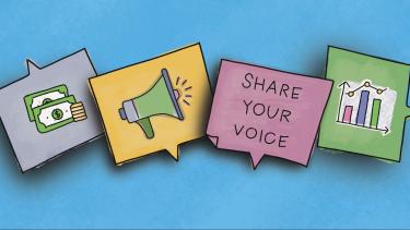 2023 Strat Plan+Budget Banner Illustration with voice boxes and graphics in them
