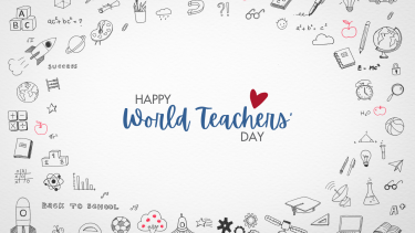 2023 Happy World Teacher's Day School themed graphic with text that says "Happy World Teacher's Day"