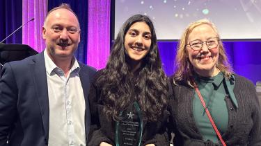 Diversity Awards - 2024 Superintendent Nosek and Chair Wilson, stand with Abby Schools student who won an award at the Cultural Diversity Awards