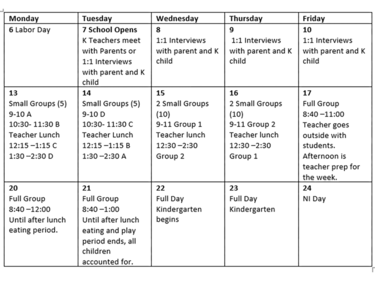 Kindergarten gradual entry schedule graphic